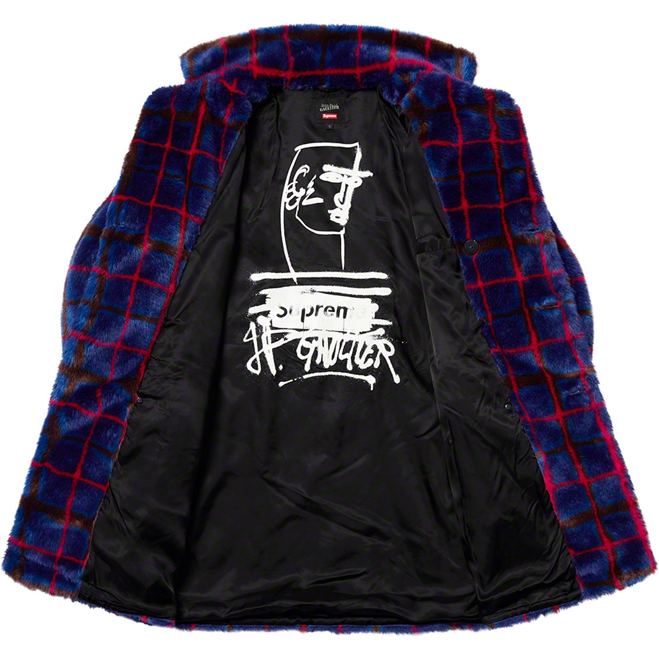 Supreme®/Jean Paul Gaultier® Double Breasted Plaid Faux Fur Coat view 5